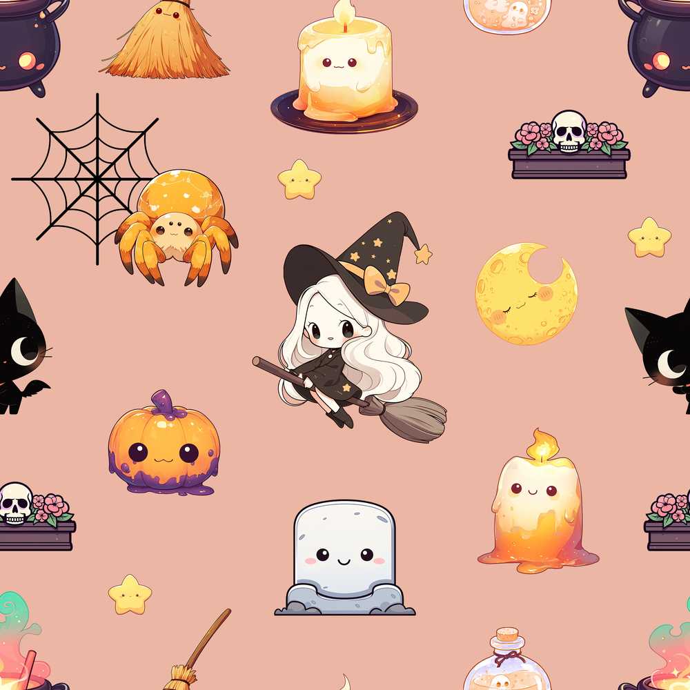 Cute Kawaii Halloween Witch Pumpkin Spider Peach Background
