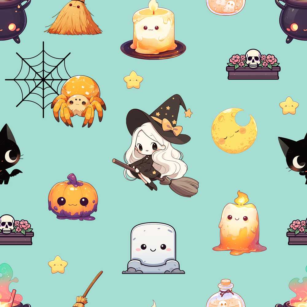Cute Kawaii Halloween Witch Pumpkin Spider Teal Background