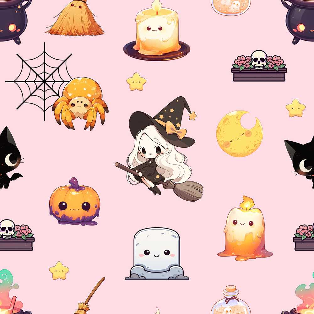 Cute Kawaii Halloween Witch Pumpkin Spider Pink Background