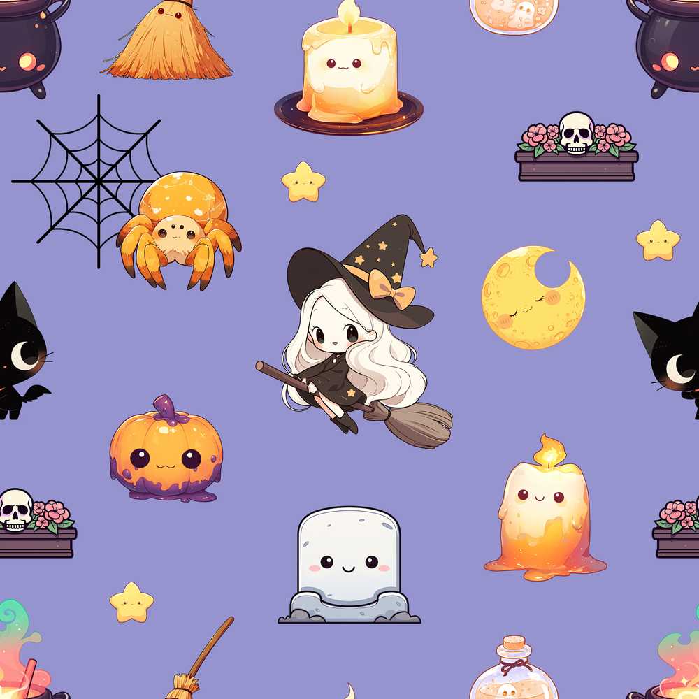 Cute Kawaii Halloween Witch Pumpkin Spider Purple Background