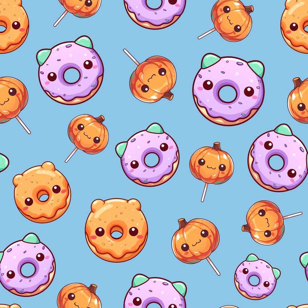 Cute Halloween Donuts Pumpkin Lollipop Blue Background Spooky