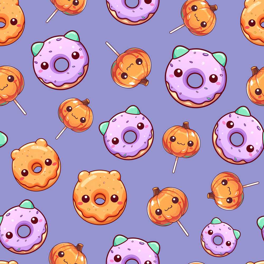 Cute Halloween Donuts Pumpkin Lollipop Purple Background Spooky
