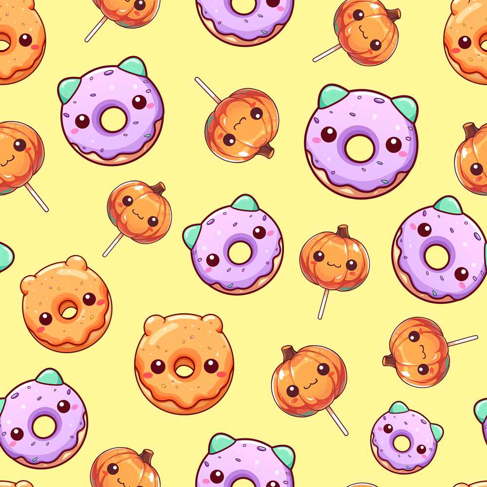 Cute Halloween Donuts Pumpkin Lollipop Yellow Background Spooky