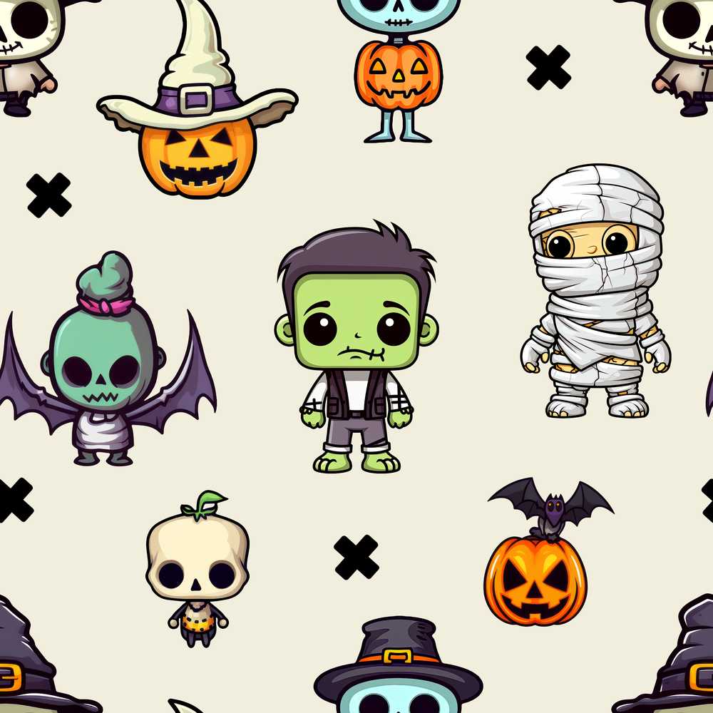 Halloween Character Zombie Mummy Bat Pumpkin Beige Background