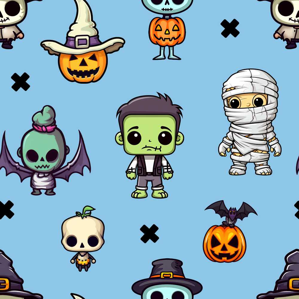 Cute Halloween Frankenstein Mummy Bat Pumpkin Blue Background