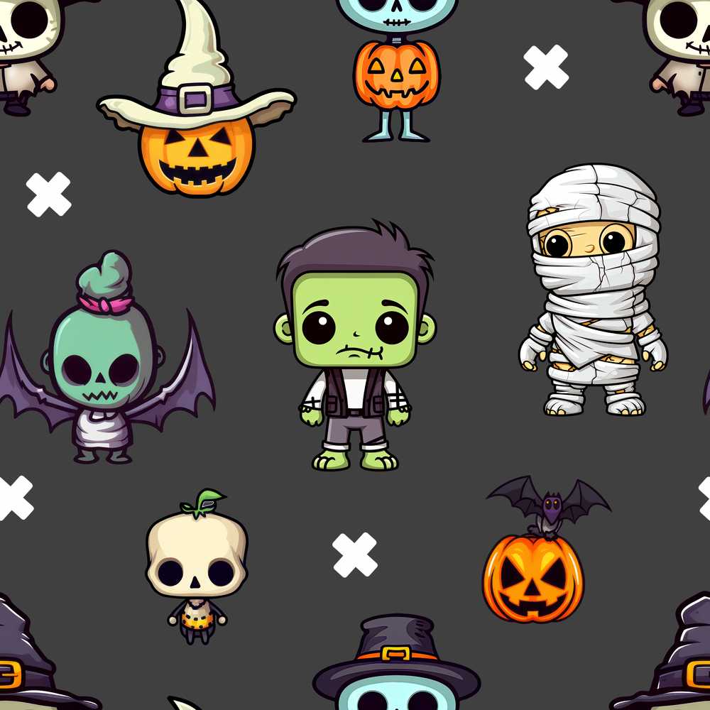 Halloween Frankenstein Mummy Bat Pumpkin Dark Grey Background