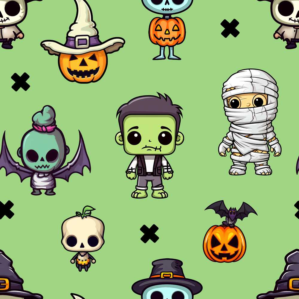 Cute Halloween Frankenstein Mummy Bat Pumpkin Green Background