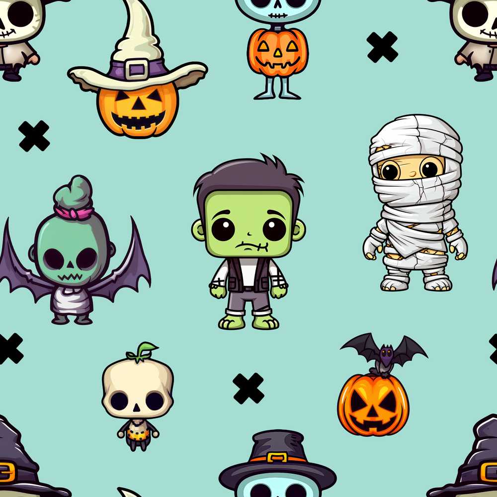 Cute Halloween Frankenstein Mummy Bat Pumpkin Teal Background
