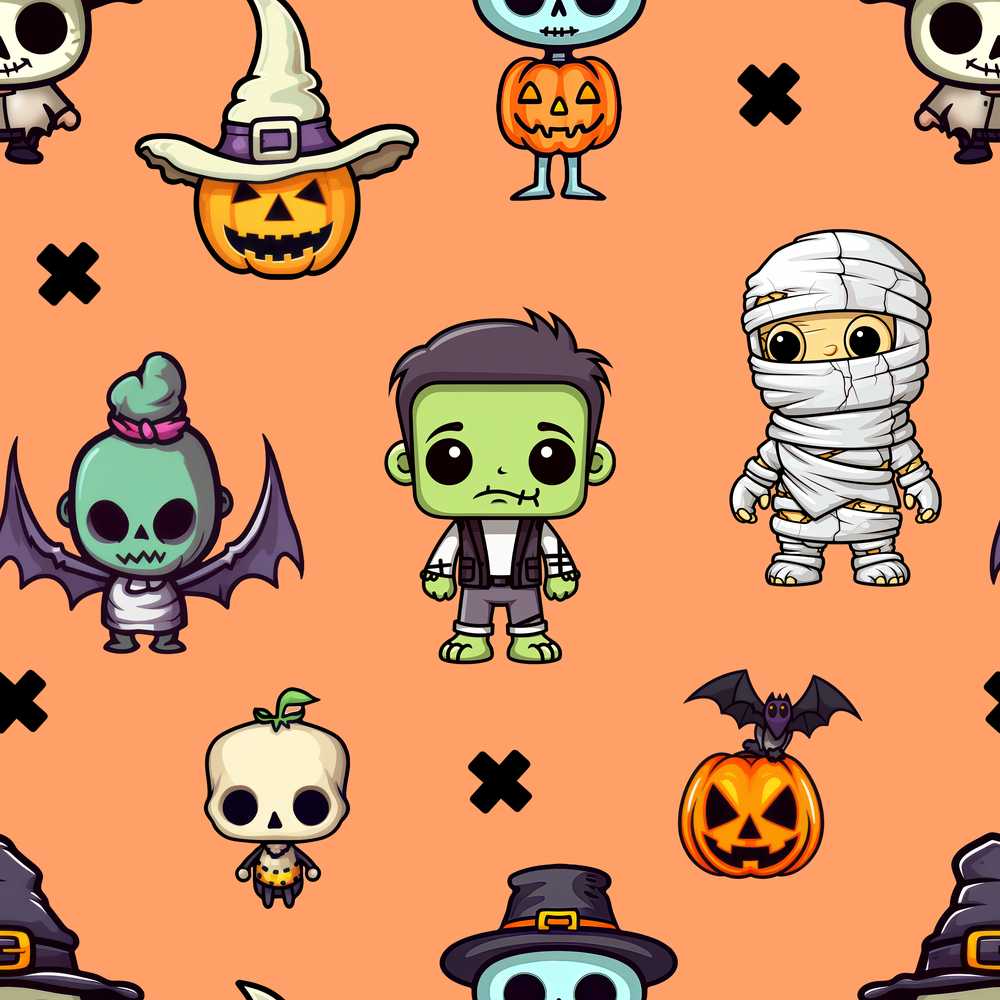Halloween Frankenstein Mummy Bat Pumpkin Orange Background Spooky