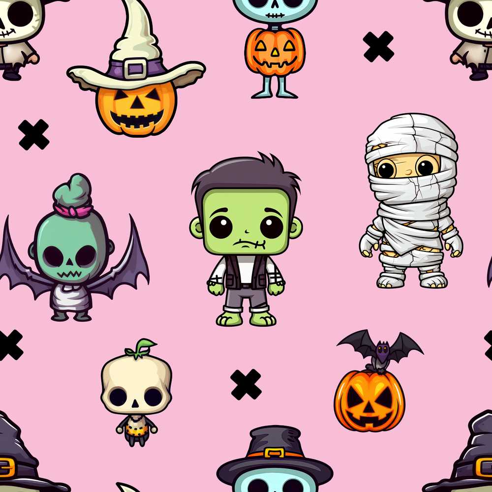 Cute Halloween Frankenstein Mummy Bat Pumpkin Pink Background