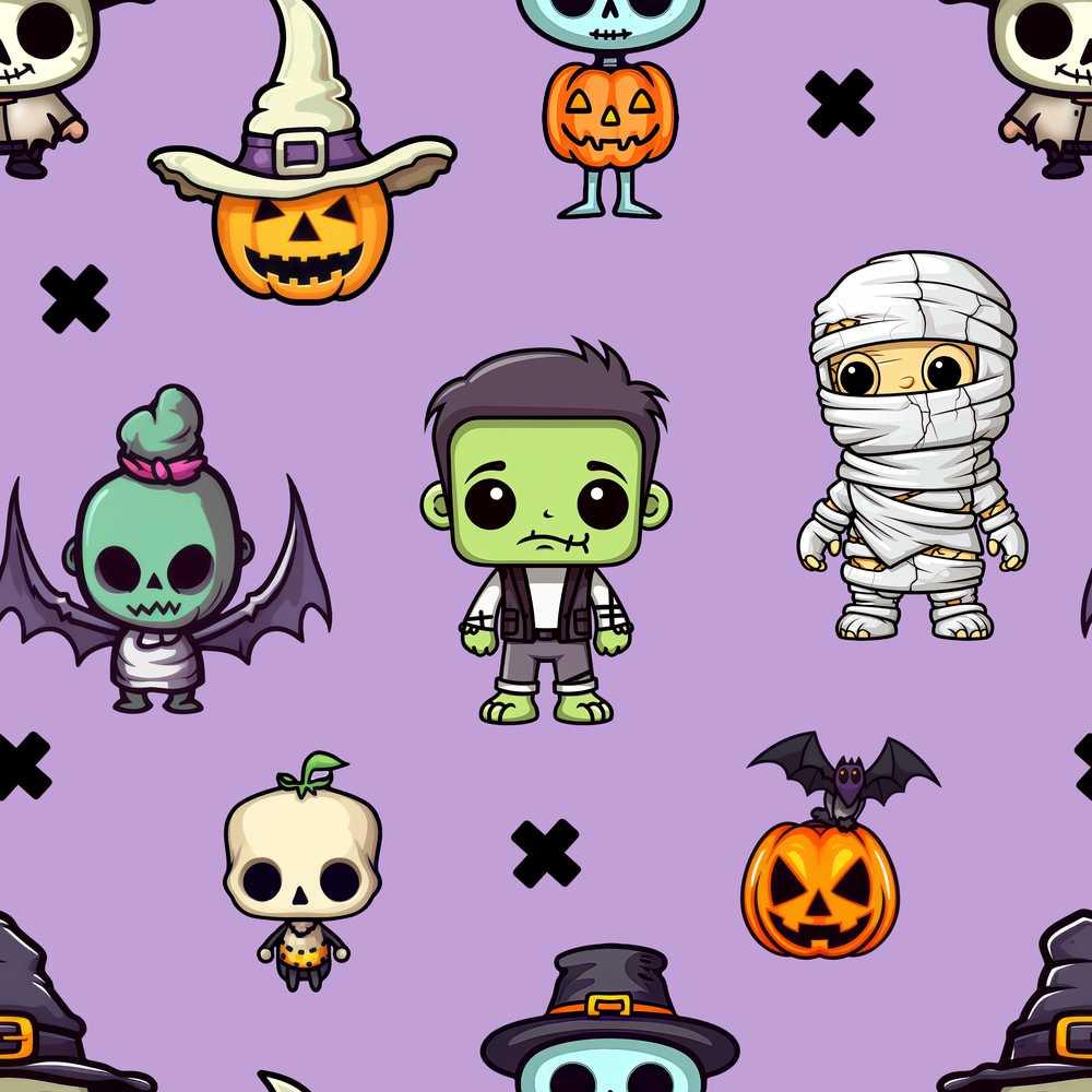 Halloween Frankenstein Mummy Bat Pumpkin Purple Background Spooky