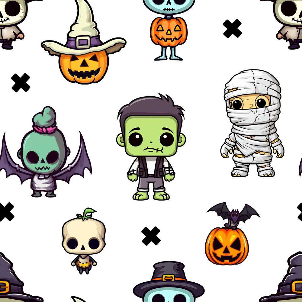 Cute Halloween Frankenstein Mummy Bat Pumpkin Grey Background