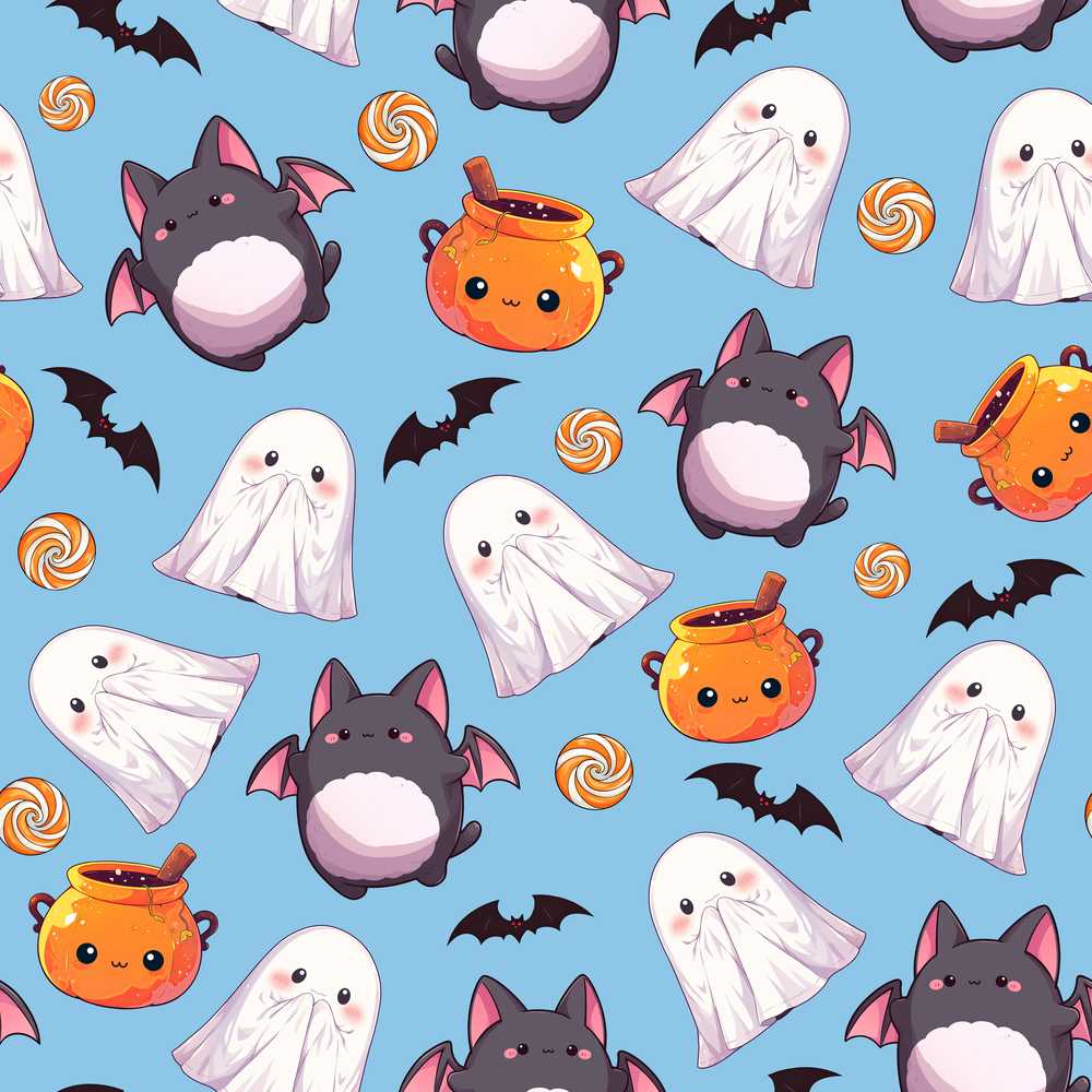 Cute Kawaii Halloween Ghost Bat Candy Pumpkin Blue Background