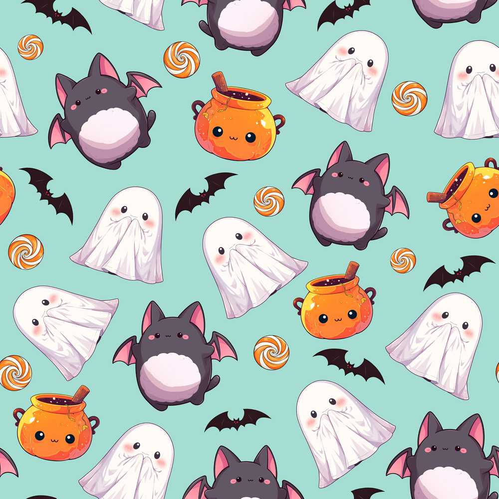 Cute Kawaii Halloween Ghost Bat Candy Pumpkin Mint Background