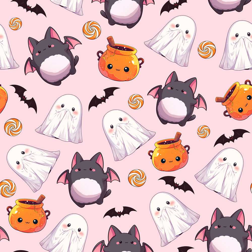 Cute Kawaii Halloween Ghost Bat Candy Pumpkin Blush Background