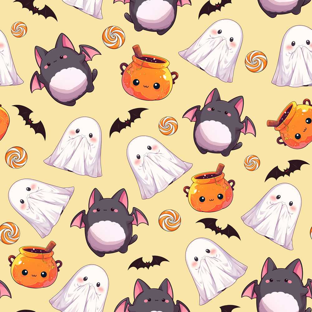 Kawaii Halloween Ghost Bat Candy Pumpkin Yellow Background