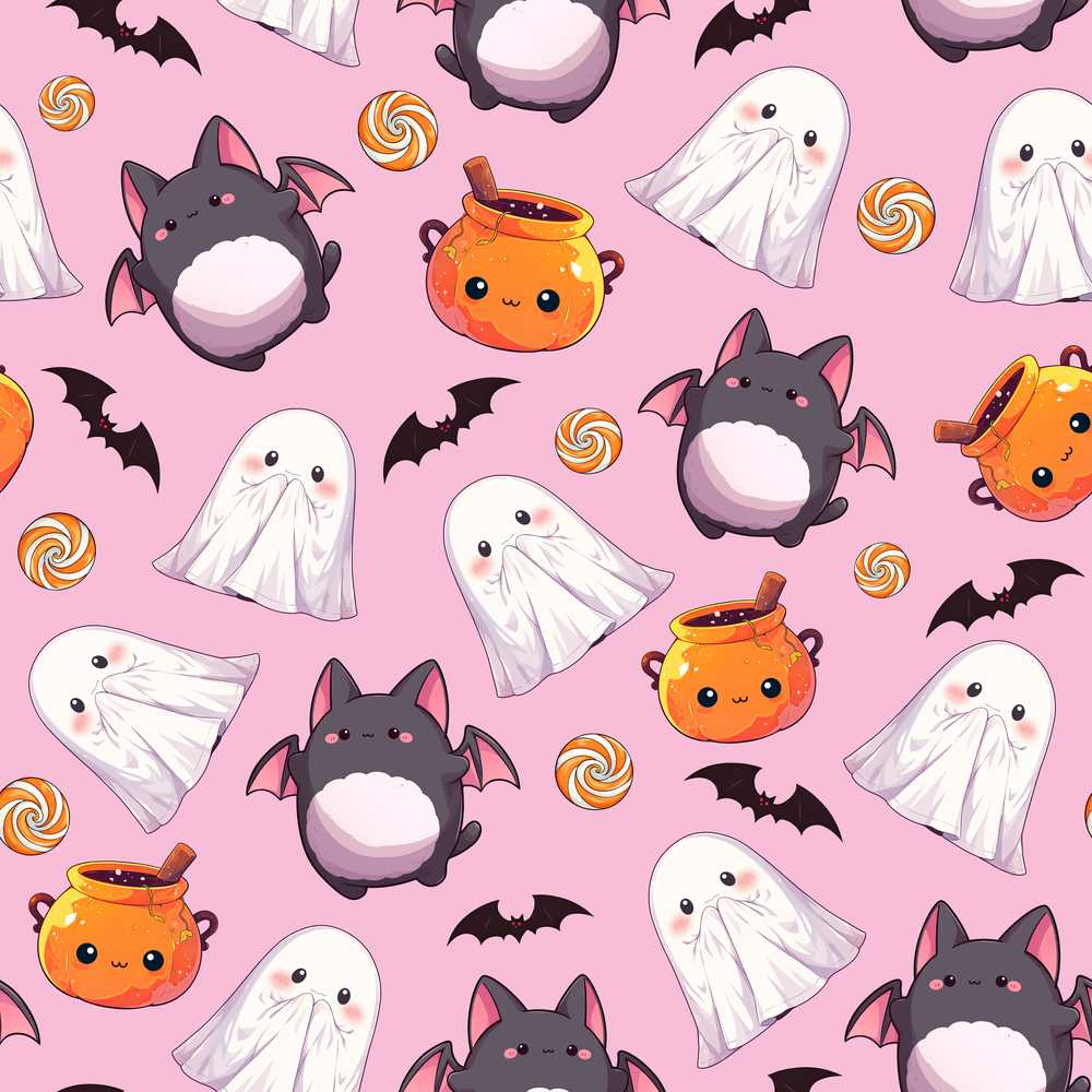 Cute Kawaii Halloween Ghost Bat Candy Pumpkin Pink Background