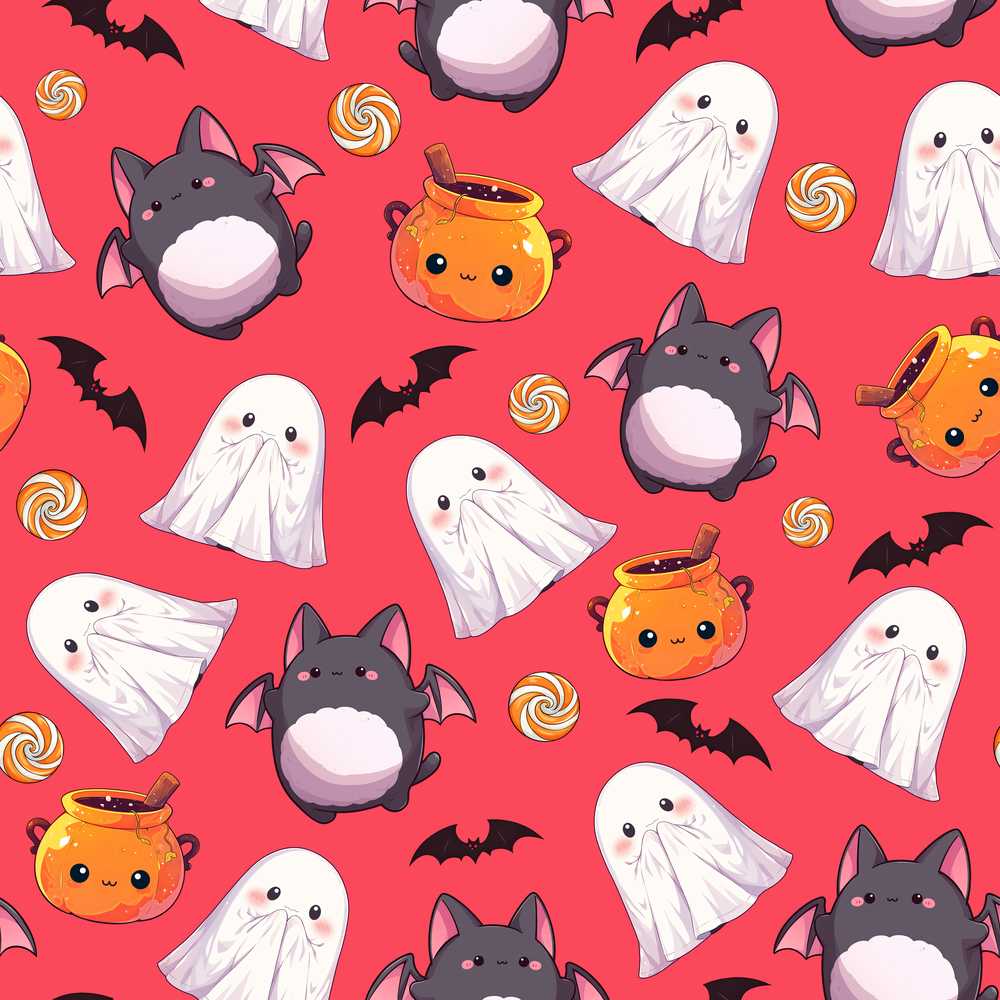 Cute Kawaii Halloween Ghost Bat Candy Pumpkin Red Background