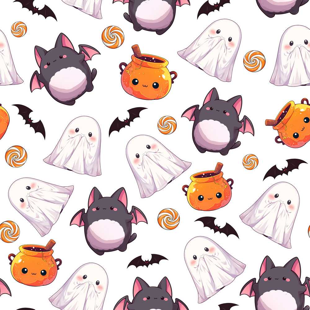 Cute Kawaii Halloween Ghost Bat Candy Pumpkin Grey Background