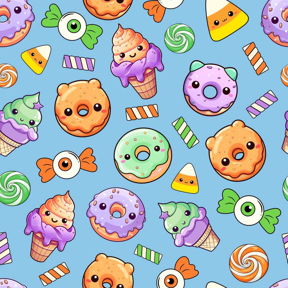 Cute Halloween Donuts Candy Eyeball Ice Cream Blue Background
