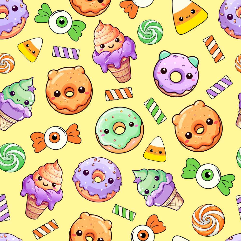 Cute Halloween Donut Candy Eyeball Ice Cream Yellow Background