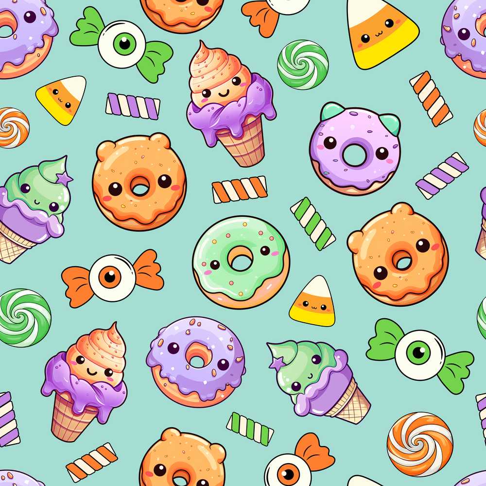 Cute Halloween Donuts Candy Eyeball Ice Cream Teal Background
