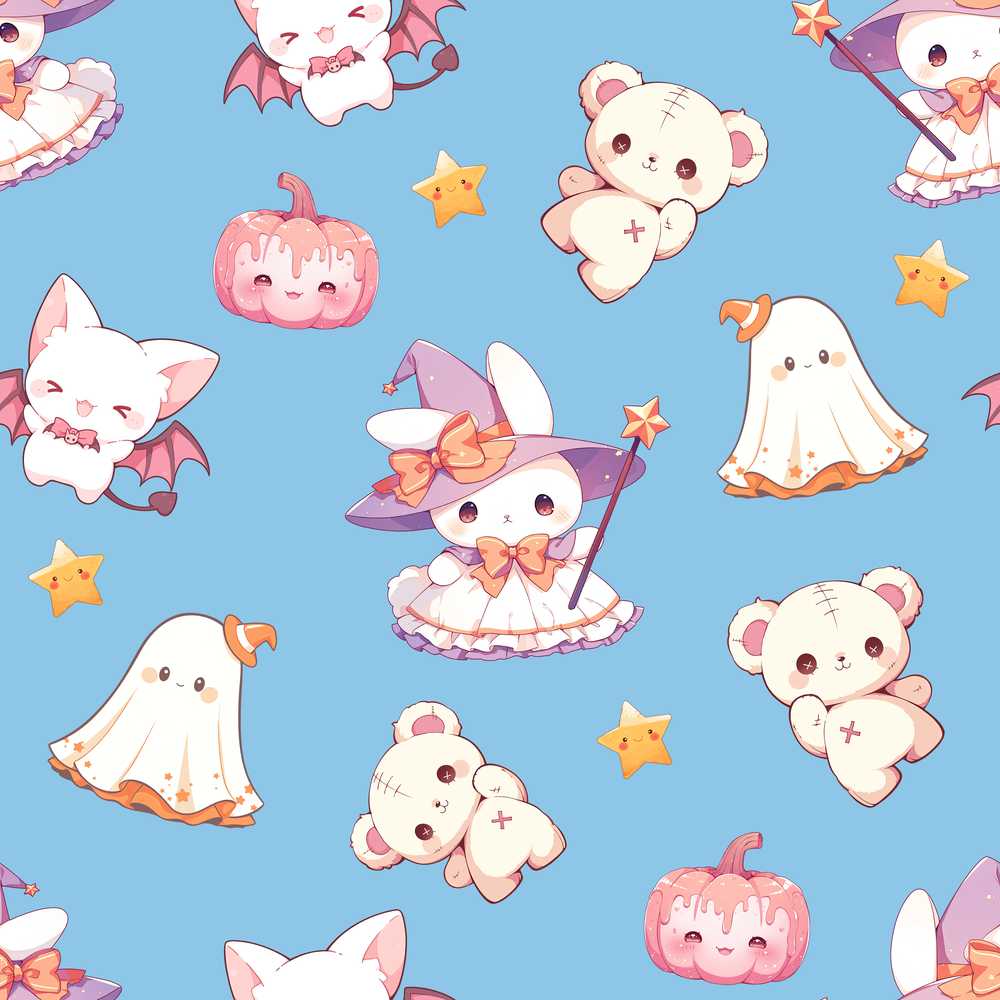 Kawaii Halloween Bunny Witch Ghost Pumpkin Blue Background
