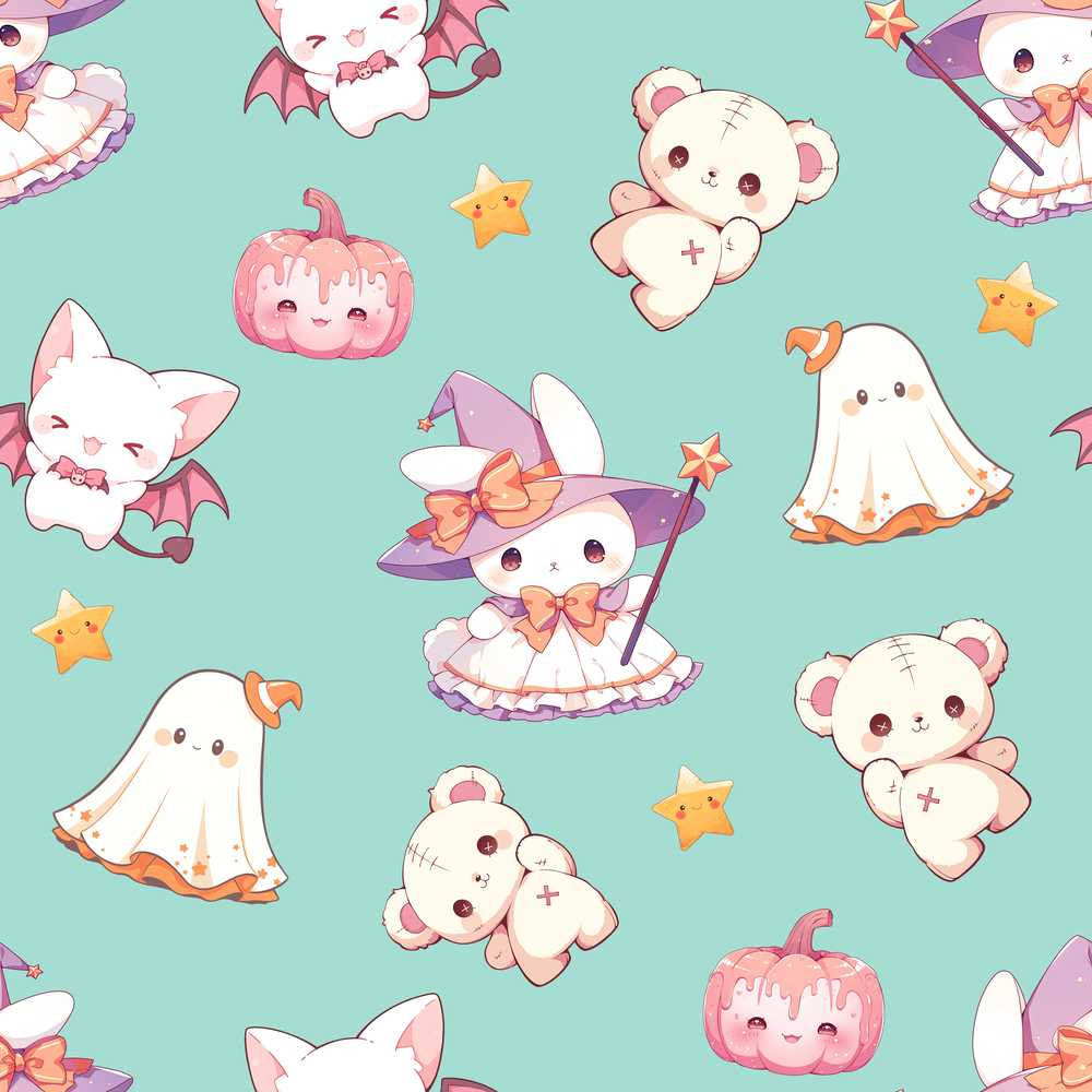 Kawaii Halloween Bunny Witch Ghost Pumpkin Teal Background