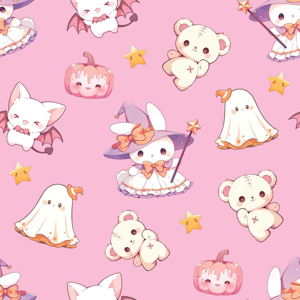 Cute Halloween Bunny Witch Ghost Pumpkin Soft Pink Background