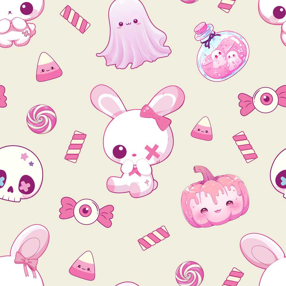 Cute Pink Halloween Bunny Candy Ghost Pumpkin Cream Background