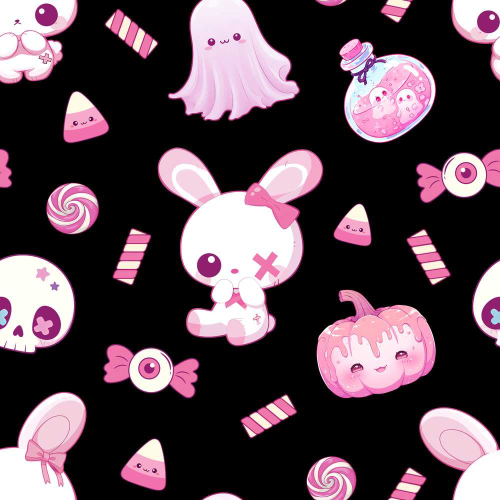 Cute Halloween Bunny Ghost Candy Pumpkin Black Background