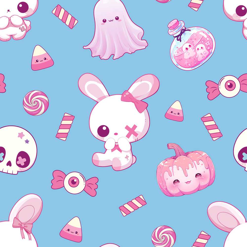 Cute Halloween Bunny Ghost Candy Pumpkin Blue Background