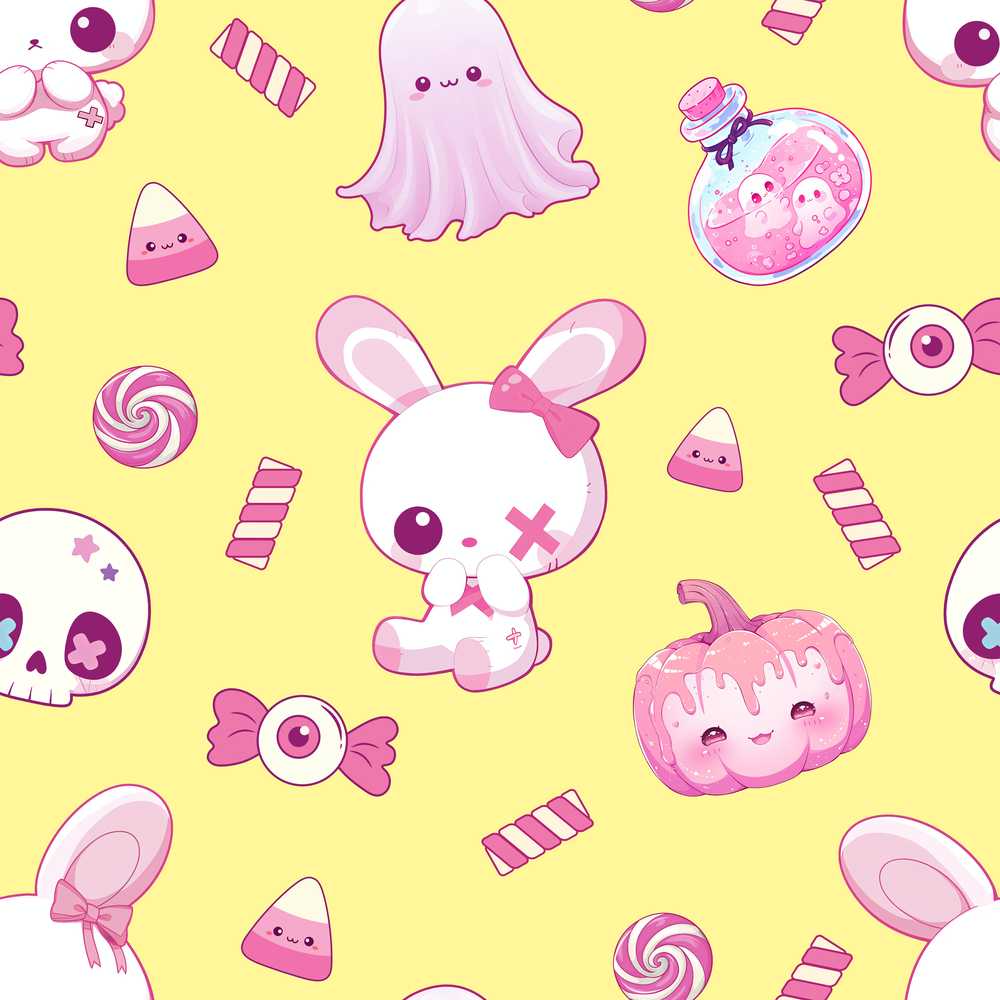 Cute Halloween Bunny Ghost Candy Pumpkin Yellow Background