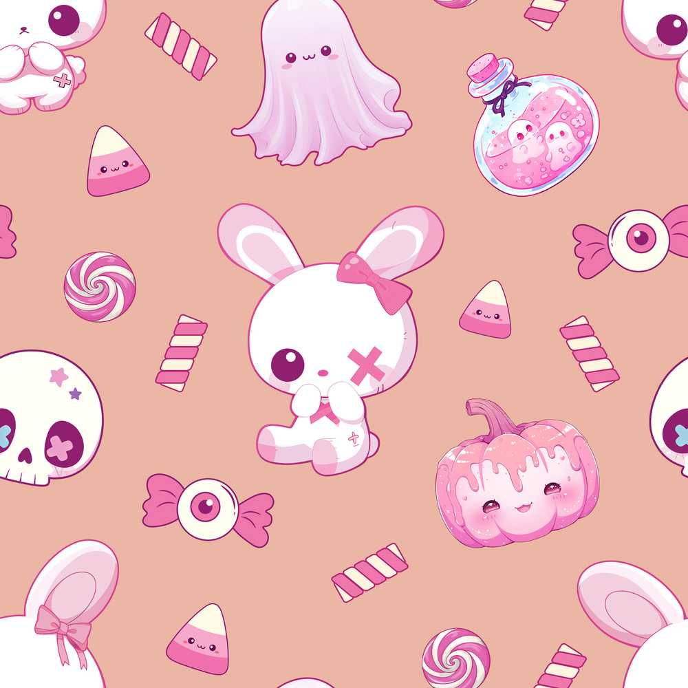 Cute Halloween Bunny Ghost Candy Pumpkin Peach Background