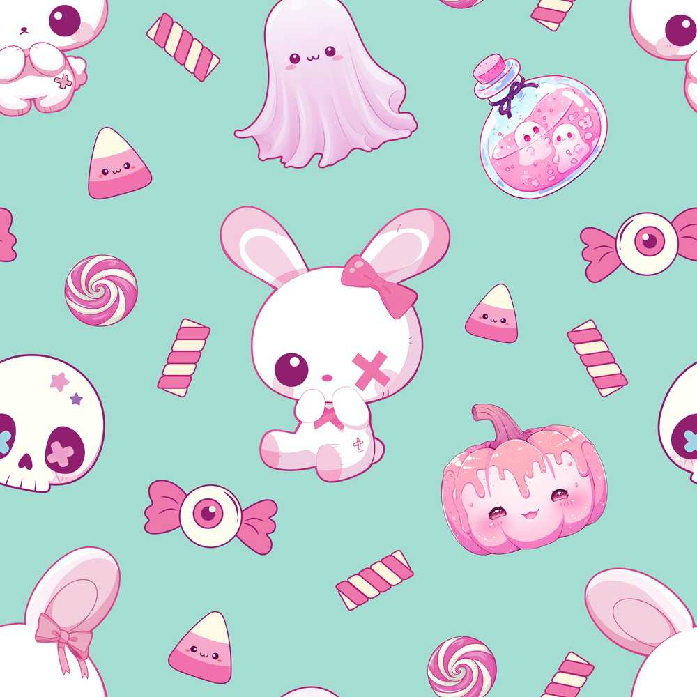 Cute Halloween Bunny Ghost Candy Pumpkin Teal Background