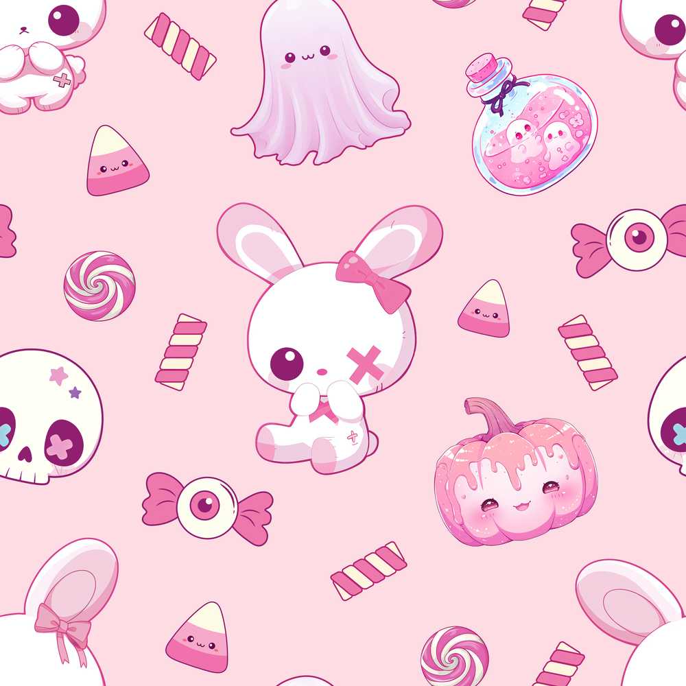 Cute Halloween Bunny Ghost Candy Pumpkin Soft Pink Background