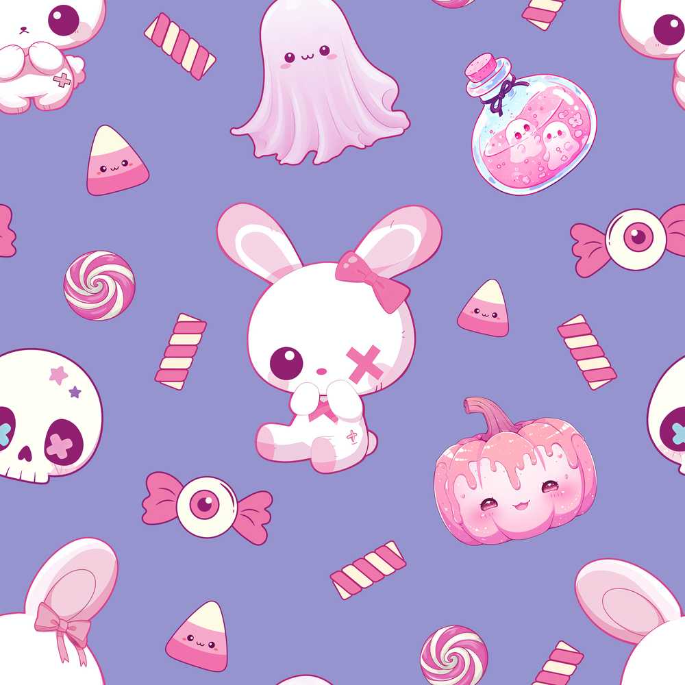 Cute Halloween Bunny Ghost Candy Pumpkin Purple Background