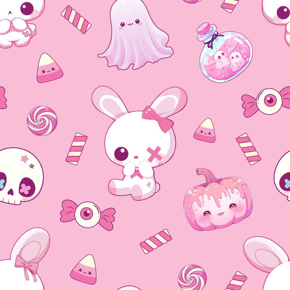Cute Halloween Bunny Ghost Candy Pumpkin Blush Pink Background