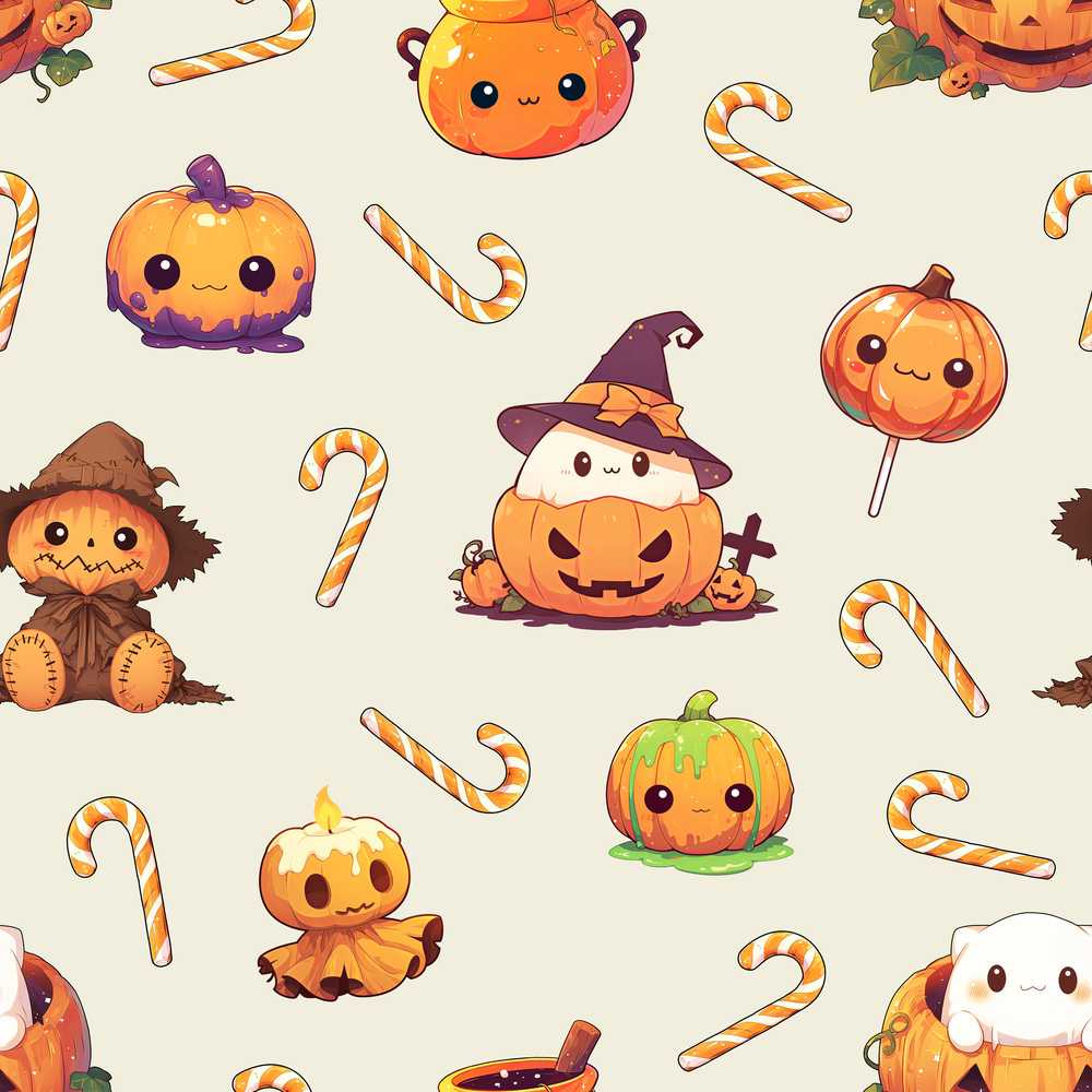 Cute Kawaii Halloween Pumpkin Candy Scarecrow Cream Background
