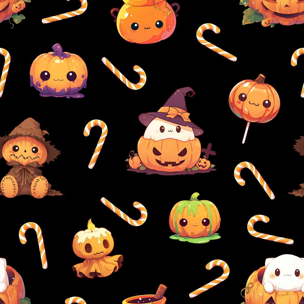 Cute Kawaii Halloween Pumpkin Candy Scarecrow Black Background