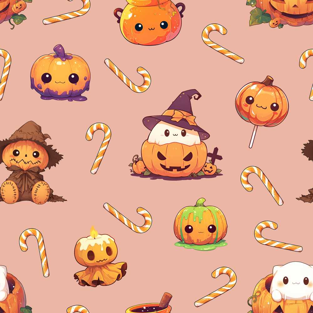 Cute Kawaii Halloween Pumpkin Candy Scarecrow Peach Background