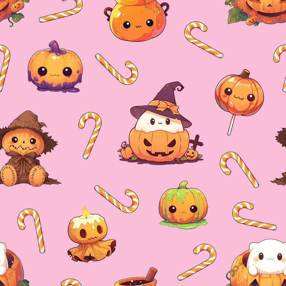 Cute Kawaii Halloween Pumpkin Candy Scarecrow Pink Background