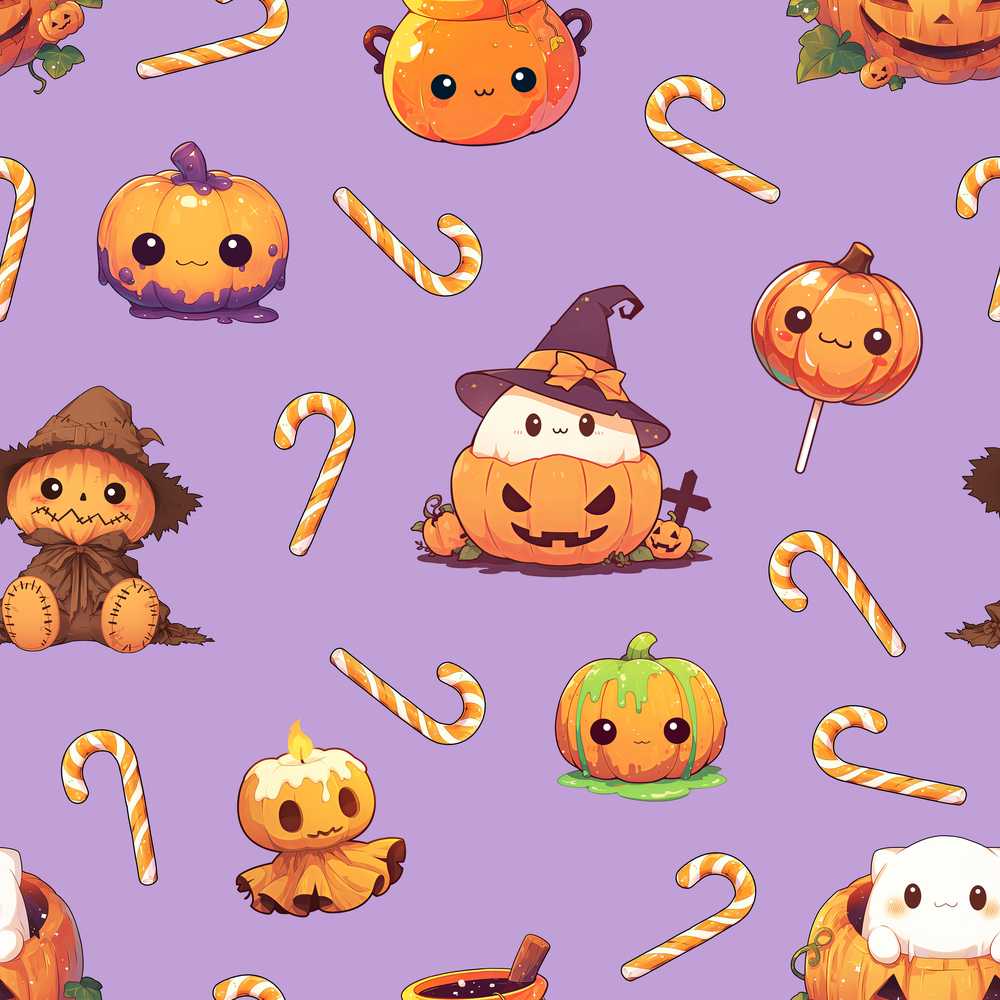 Cute Halloween Pumpkin Candy Scarecrow Purple Background Spooky
