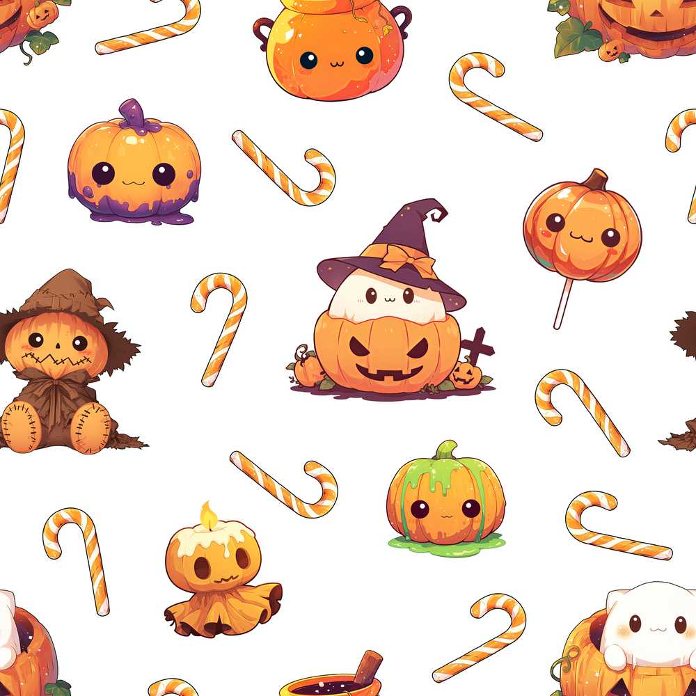 Cute Kawaii Halloween Pumpkin Candy Scarecrow Grey Background