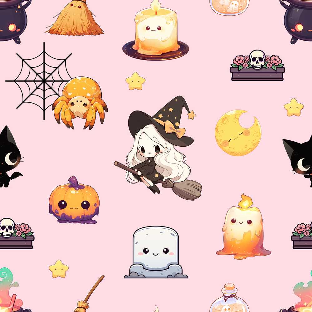 Cute Kawaii Witch Spider Candle Moon Halloween Pink Background