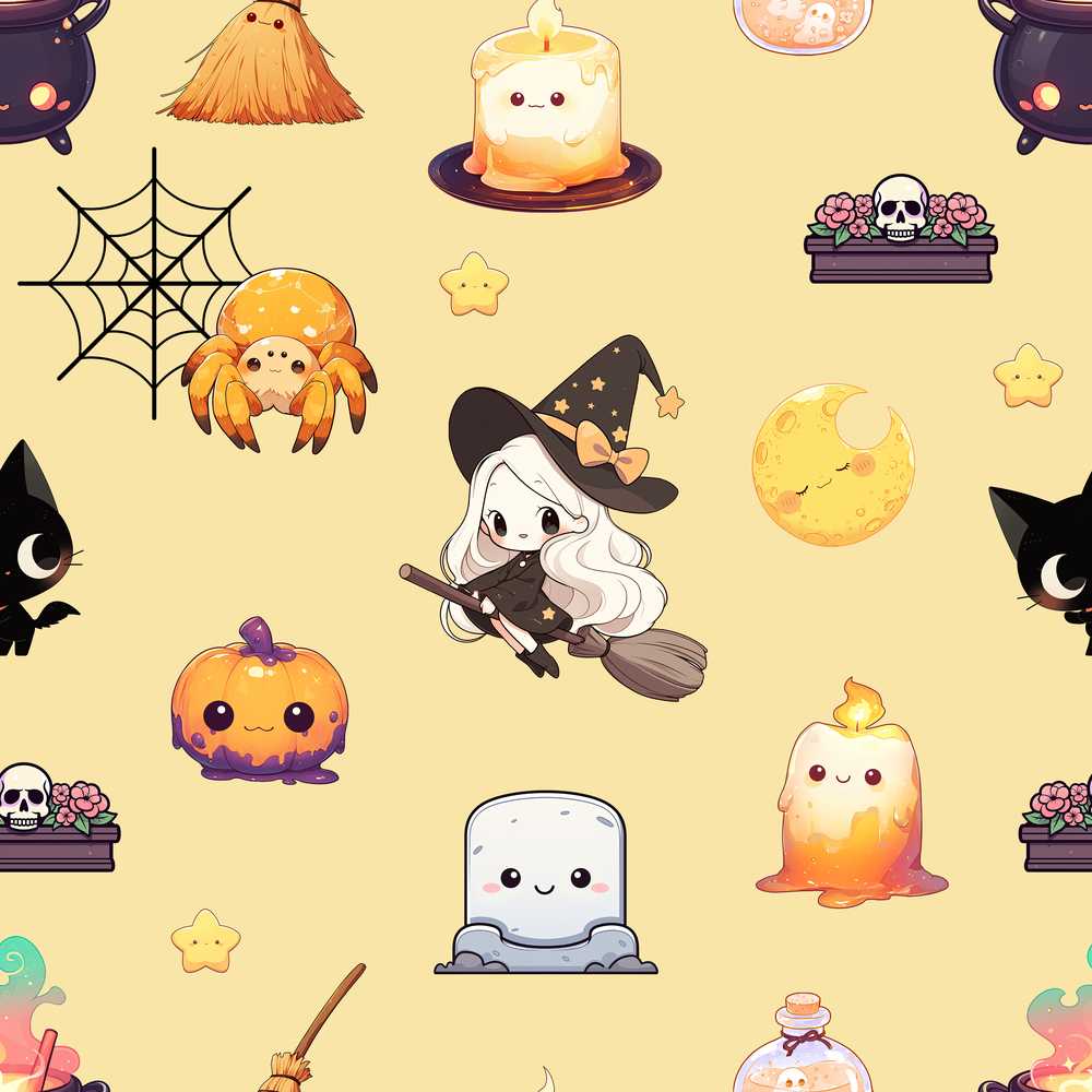 Cute Witch Spider Candle Moon Halloween Yellow Background