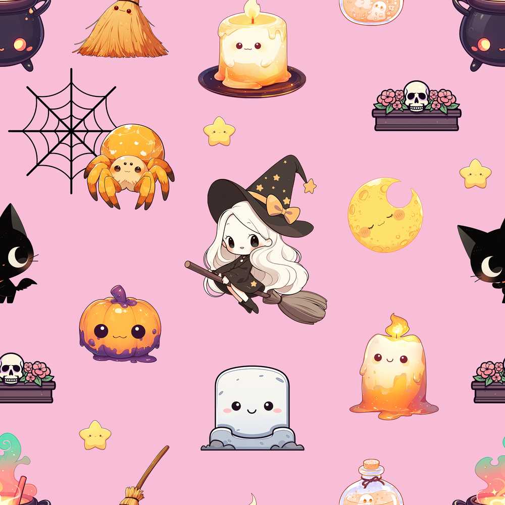 Cute Kawaii Witch Spider Candle Moon Halloween Rose Background