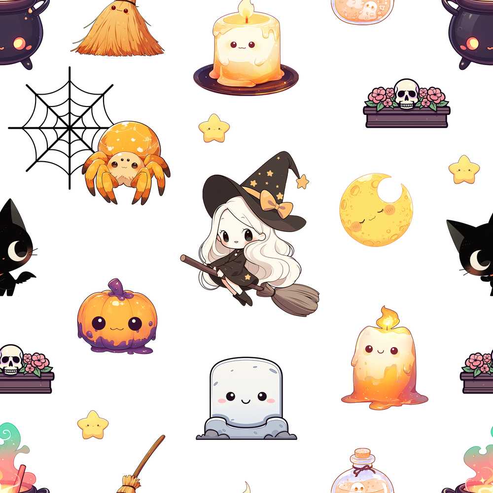 Cute Kawaii Witch Spider Candle Moon Halloween Grey Background
