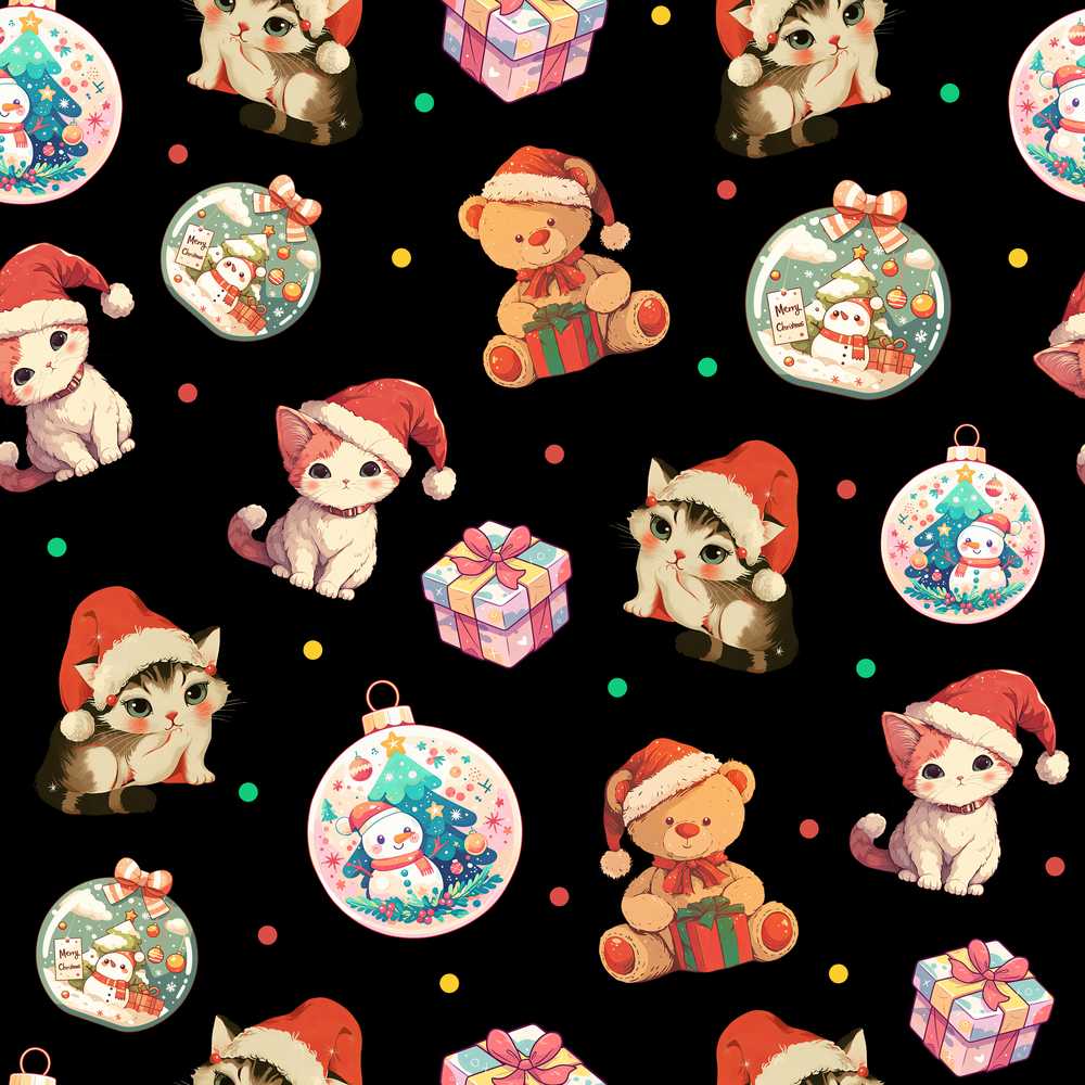 Cute Christmas Cats Teddy Gift Baubles Black Background