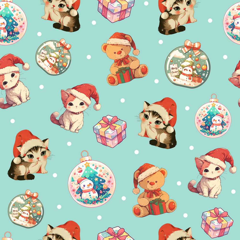 Cute Christmas Cats Teddy Bear Baubles on Teal Background